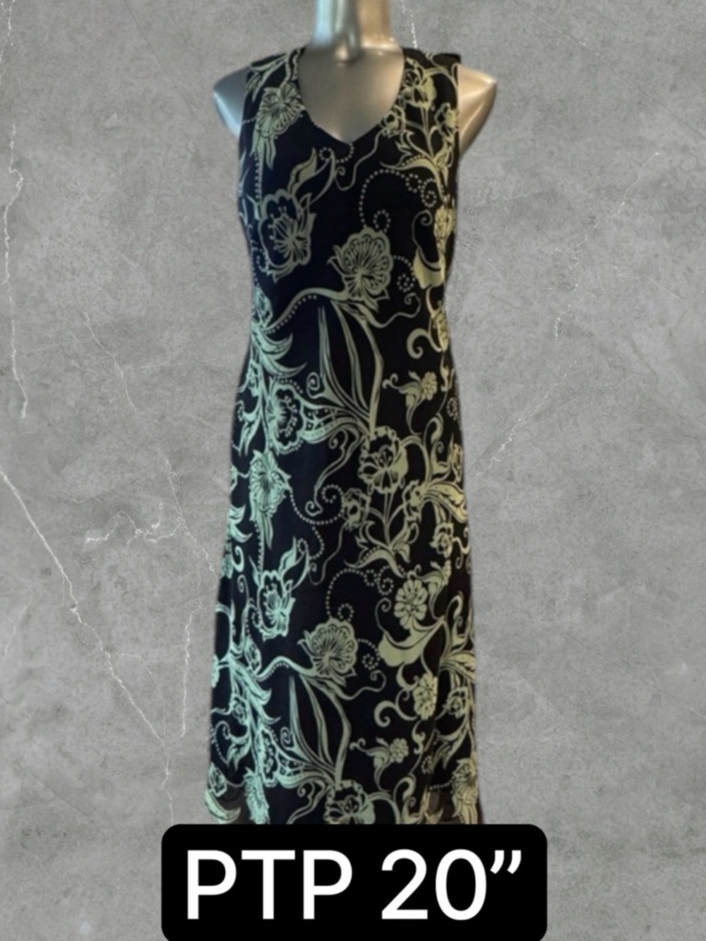 2 for $30 ✅Vintage Black and Green Chiffon Floral Midi Dress